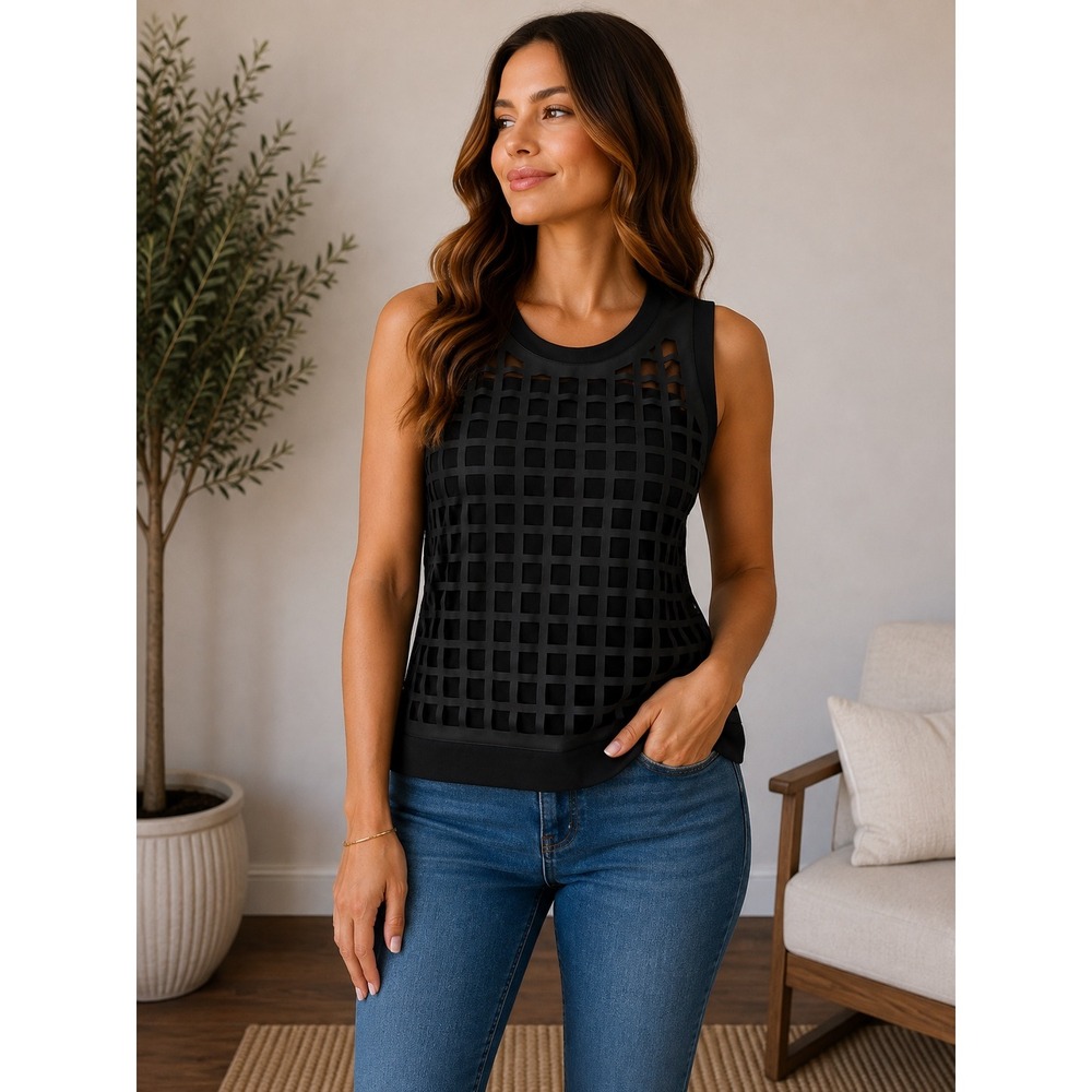 Patrizia Luca Milano Black Laser Cut Grid Sleeveless Top Small YT6804905